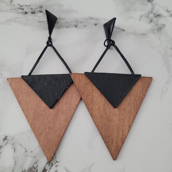 Long Wooden Geometric Earrings - Picture 2 of 2